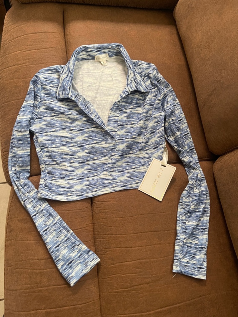 J for Justify Blue Multi Long-Sleeve Collared Crop Top
